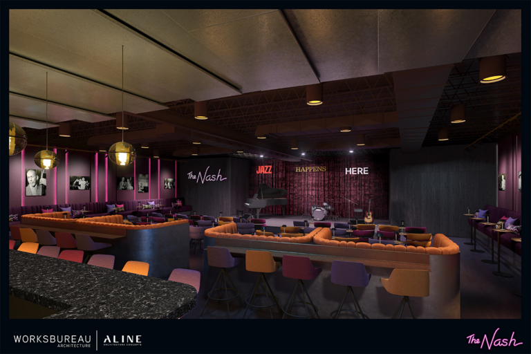 Rendering of The Nash renovated venue. Plush booths, large stage, full bar, colorful barstools and seating.