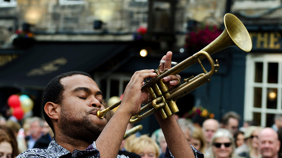 GEPYHB James Williams, the trumpeter with the New Orleans Swamp Donkeys playing at the Mardi Gras, part of the Edinburgh Jazz Festival.